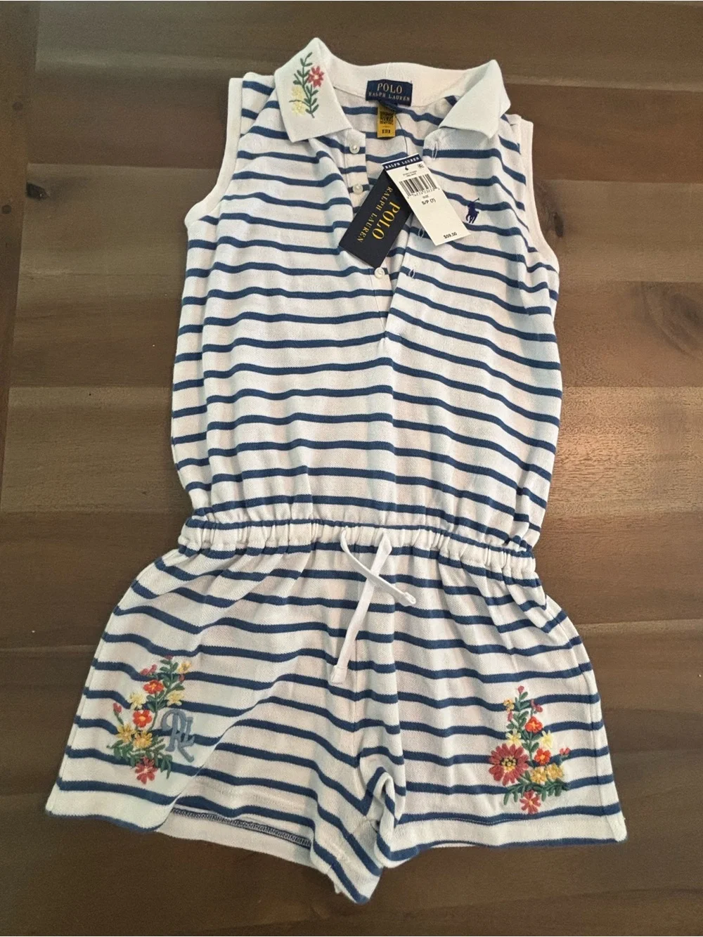 Ralph Lauren Girls White & Blue Striped Floral Polo Romper - S/P (7) NWT